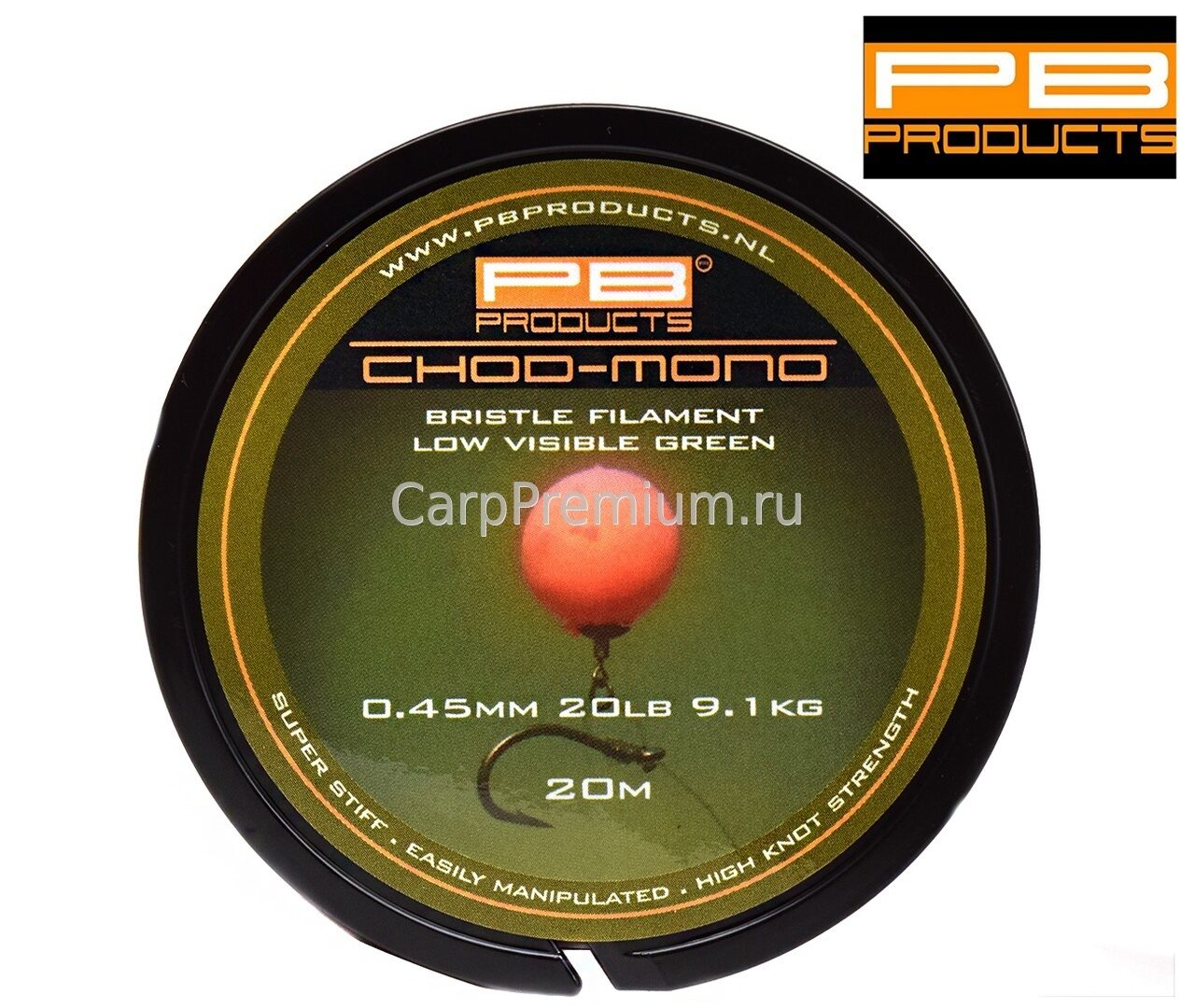 Поводковый материал жёсткий моно 0.45 мм PB Products - Chod Mono 9.1 кг / 20lb, 20 м